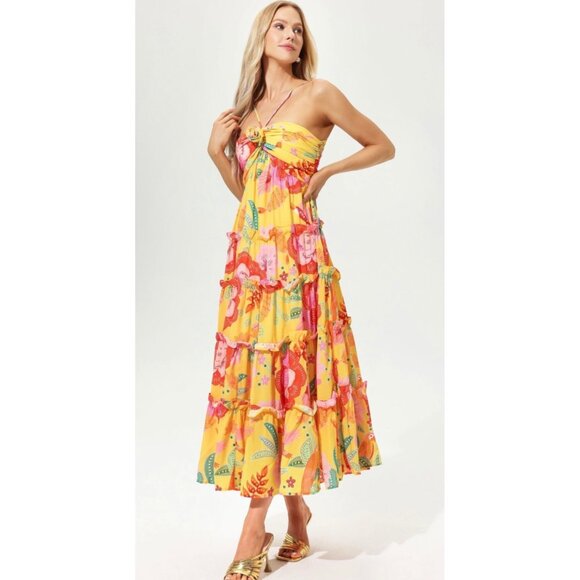 JardinVue Yellow Floral Ruffle Hem Cami Maxi Dress NWT Large msrp $123 - Picture 1 of 12